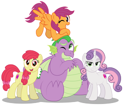 Size: 5938x5025 | Tagged: safe, artist:aleximusprime, imported from derpibooru, apple bloom, scootaloo, spike, sweetie belle, dragon, earth pony, pegasus, pony, unicorn, flurry heart's story, absurd resolution, adult, adult spike, bhm, chubby, cute, cutie mark crusaders, fat, fat spike, female, flying, grown ups, leaning, looking at you, male, mare, older, older apple bloom, older cmc, older scootaloo, older spike, older sweetie belle, one eye closed, plump, show accurate, simple background, smiling, transparent background, vector, winged spike, wings