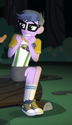 Size: 357x620 | Tagged: safe, imported from derpibooru, screencap, microchips, timber spruce, equestria girls, legend of everfree, camp everfree outfits, clothes, converse, cropped, glasses, legs, male, offscreen character, scared, shoes, shorts, sneakers, socks, solo focus