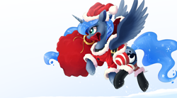 Size: 2000x1107 | Tagged: safe, artist:ncmares, imported from derpibooru, princess luna, alicorn, pony, boots, christmas, clothes, constellation, costume, cute, dress, female, gift bag, hat, holiday, lunabetes, mare, mouth hold, santa costume, santa hat, santa sack, shoes, socks, solo, striped socks, thigh highs, wings