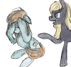 Size: 400x377 | Tagged: safe, artist:restartbob, imported from derpibooru, oc, oc:lynn meyer, oc:mercury vapour, earth pony, pony, argument, covering face, sad