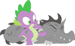 Size: 3561x2203 | Tagged: safe, artist:porygon2z, imported from derpibooru, spike, oc, oc:draco axel, dragon, duo, duo male, eyes closed, male, shocked, simple background, sleeping, transparent background, vector, waking up