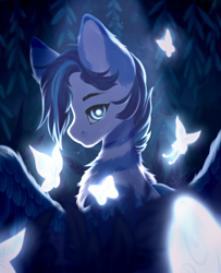 Size: 1288x1589 | Tagged: safe, artist:dusty-onyx, artist:dustyonyx, imported from derpibooru, oc, oc only, butterfly, pegasus, pony, big ears, blue, ear fluff, looking at you, looking back, looking back at you, male, monochrome, solo, stallion