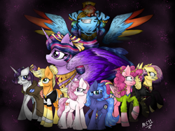 Size: 2048x1535 | Tagged: safe, artist:melonseed11, imported from derpibooru, applejack, fluttershy, pinkie pie, princess celestia, princess luna, rainbow dash, rarity, twilight sparkle, alicorn, pegasus, pony, unicorn, cewestia, colored wings, female, filly, floppy ears, mane six, multicolored wings, pegasus pinkie pie, race swap, royal sisters, siblings, sisters, traditional art, twilight sparkle (alicorn), unicorn celestia, unicorn luna, woona, younger