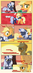 Size: 1919x4225 | Tagged: safe, artist:estories, imported from derpibooru, applejack, oc, oc:silverlay, earth pony, original species, pony, unicorn, comic:a(pple)ffection, comic, hill, red background, simple background, sunset, tree, umbra pony