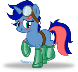 Size: 1280x1188 | Tagged: safe, alternate version, artist:applec1234, artist:cyberapple456, imported from derpibooru, oc, oc only, oc:ryo, pony, alternate hairstyle, belt, blushing, boots, clothes, commission, goggles, lifted leg, shoes, slime, slimy, solo, wellies, wellington boots