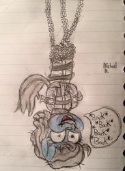 Size: 2161x2947 | Tagged: safe, artist:michaelmaddox222, imported from derpibooru, screw loose, pony, barking, bondage, chains, colored, faic, female, hung upside down, insanity, lineart, lined paper, looking at you, messy mane, mummyjacket, restrained, signature, solo, straitjacket, traditional art, upside down