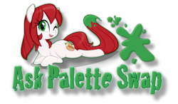 Size: 800x466 | Tagged: safe, imported from derpibooru, oc, oc only, oc:palette swap, earth pony, pony, tumblr:ask palette swap, banner, cute, female, header, lying, mare, ocbetes, one eye closed, paint, simple background, solo, transparent background, wink