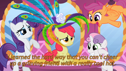 Size: 640x360 | Tagged: safe, edit, edited screencap, imported from derpibooru, screencap, apple bloom, rarity, scootaloo, sweetie belle, earth pony, pegasus, pony, unicorn, the cutie pox, buzzing wings, caption, cards against humanity, cutie mark crusaders, feathered hat, female, filly, foal, hat, image macro, peacock feathers, text, wings