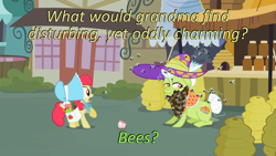 Size: 640x360 | Tagged: safe, edit, edited screencap, imported from derpibooru, screencap, apple bloom, granny smith, bee, insect, family appreciation day, animal, bee beard, bonnet, caption, cards against humanity, hat, image macro, text