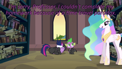 Size: 640x360 | Tagged: safe, edit, edited screencap, imported from derpibooru, screencap, princess celestia, spike, twilight sparkle, it's about time, book, canterlot archives, canterlot library, caption, cards against humanity, image macro, purple text, scroll, text, trio