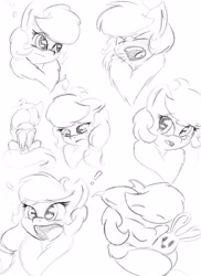 Size: 2406x3300 | Tagged: safe, artist:zemer, imported from derpibooru, oc, oc:feather belle, pony, angry, chest fluff, crying, facial expressions, fluffy, monochrome, plushie, sad, sitting