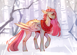 Size: 1667x1196 | Tagged: safe, artist:riressa, imported from derpibooru, fluttershy, pegasus, pony, clothes, female, forest, scarf, snow, snowfall, solo, tree, winter