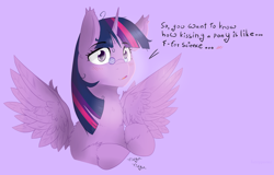 Size: 1612x1032 | Tagged: safe, artist:fuzzypones, imported from derpibooru, twilight sparkle, alicorn, pony, blushing, bronybait, colored, female, glasses, mare, simple background, solo, text, twilight sparkle (alicorn)