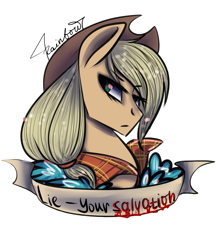 Size: 831x962 | Tagged: safe, artist:yukomaussi, imported from derpibooru, applejack, pony, applejack's hat, bandana, cowboy hat, discorded, female, flower, hat, liarjack, old banner, solo