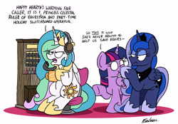 Size: 6364x4429 | Tagged: safe, artist:bobthedalek, imported from derpibooru, princess celestia, princess luna, twilight sparkle, alicorn, pony, absurd resolution, best gift ever phone line, caption, celestia is not amused, chair, coffee mug, dialogue, ethereal mane, female, funny, headphones, hearth's warming eve, hoof hold, mare, mug, nose wrinkle, phone, raised hoof, scrunchy face, simple background, sitting, switchboard, telephone, trio, twilight sparkle (alicorn), unamused, white background