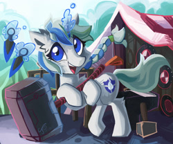Size: 1600x1329 | Tagged: safe, artist:saxopi, imported from derpibooru, oc, oc only, pony, unicorn, female, hammer, knife, kunai, magic, mare, mjölnir, smiling, solo, war hammer
