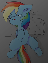 Size: 1280x1668 | Tagged: safe, artist:temmie720, imported from derpibooru, rainbow dash, pegasus, pony, bed, crying, eyes closed, female, folded wings, hooves to the chest, mare, on back, on bed, pillow, sad, solo, teary eyes, wings