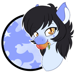 Size: 1280x1239 | Tagged: safe, artist:mynder, imported from derpibooru, oc, oc only, oc:mitzy, bat pony, pony, food, fruit, lidded eyes, mango, mouth hold, solo