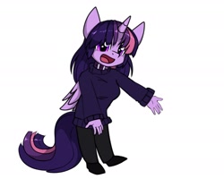 Size: 2380x1908 | Tagged: safe, artist:duop-qoub, imported from derpibooru, twilight sparkle, alicorn, anthro, descended twilight, clothes, collar, female, looking at you, open mouth, pants, shoes, simple background, smiling, solo, sweater, tumblr, tumblr 2018 nsfw purge, twilight sparkle (alicorn), white background