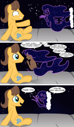 Size: 2891x5000 | Tagged: safe, artist:badumsquish, derpibooru exclusive, imported from derpibooru, caramel, oc, oc:lacuna, earth pony, pony, satyr, bait and switch, bashful, clothes, comic, dialogue, dream walker, duo, everything went better than expected, eye contact, female, floating, freckles, grin, happy, interspecies offspring, looking at each other, male, offspring, open mouth, parent:oc:anon, parent:oc:generic messy hair anime anon, parent:tantabus, partial nudity, scared, shoulder freckles, sitting, smiling, strategically covered, topless