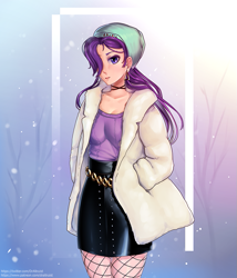 Size: 789x920 | Tagged: safe, artist:draltruist, imported from derpibooru, starlight glimmer, human, beanie, beautiful, clothes, female, fishnets, hair over one eye, hand in pocket, hands in pockets, hat, humanized, leather, leather skirt, miniskirt, pantyhose, skirt, solo