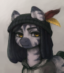 Size: 2448x2796 | Tagged: safe, artist:moru, imported from derpibooru, oc, oc only, oc:indikashigo, pony, zebra, beanie, clothes, dreadlocks, feather, hat, hoodie, looking at you, solo, traditional art