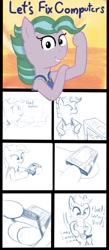 Size: 718x1644 | Tagged: safe, artist:rusticanon, imported from derpibooru, oc, earth pony, pony, butt, comic, computer, cover art, female, fixed, mare, monochrome, overalls, solo, spanking, wat