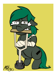 Size: 600x800 | Tagged: safe, artist:mattdrawstoons, derpibooru exclusive, imported from derpibooru, oc, oc only, oc:minus, earth pony, pony, broken leg, cast, colored, crutches, crying, injured, looking at you, male, pain, simple background, solo, standing