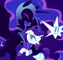 Size: 1280x1212 | Tagged: safe, artist:kkmrarar, imported from derpibooru, nightmare moon, rarity, alicorn, pony, unicorn, alternate timeline, clothes, duo, duo female, exclamation point, eyes closed, female, grin, helmet, lesbian, mare, night maid rarity, nightmare takeover timeline, nightrarity, noogie, shipping, shoes, smiling, startled, teary eyes