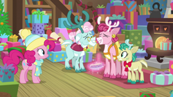 Size: 1280x720 | Tagged: safe, imported from derpibooru, screencap, alice the reindeer, aurora the reindeer, bori the reindeer, pinkie pie, pony, best gift ever