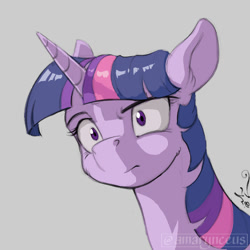 Size: 900x900 | Tagged: safe, artist:amarynceus, imported from derpibooru, twilight sparkle, pony, confused, female, gray background, mare, puzzled, raised eyebrow, reaction image, simple background, solo