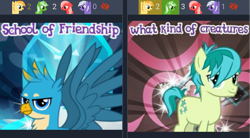 Size: 1143x630 | Tagged: safe, imported from derpibooru, gallus, sandbar, classical hippogriff, hippogriff, derpibooru, gameloft, implied chancellor neighsay, juxtaposition, meme, meta, school of friendship, wow! glimmer