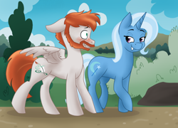 Size: 2000x1440 | Tagged: safe, artist:cadetredshirt, imported from derpibooru, trixie, oc, oc:bawdy jot, pegasus, pony, unicorn, bawxie, blushing, canon x oc, clopfic in the comments, couple, cute, facial hair, female, male, mare, shipping, smiling, stallion, walking