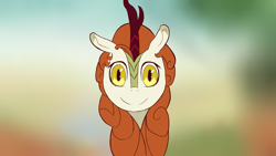 Size: 7680x4320 | Tagged: safe, artist:thesuperpleb, imported from derpibooru, autumn blaze, kirin, pony, sounds of silence, absurd resolution, creepy, creepy eyes, creepy smile, female, smiling, solo