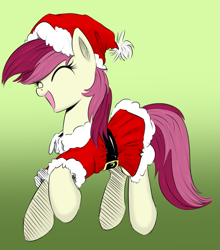 Size: 767x872 | Tagged: safe, artist:xioade, imported from derpibooru, roseluck, earth pony, pony, adorarose, christmas, clothes, costume, cute, drawthread, dress, eyes closed, female, gradient background, green background, hat, holiday, mare, open mouth, raised hoof, rosabetes, santa costume, santa hat, simple background, skirt, smiling, solo