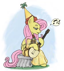 Size: 858x960 | Tagged: artist needed, source needed, safe, artist:purple-blep, imported from derpibooru, fluttershy, anthro, pegasus, clothes, drawthread, dress, female, guitar, hennin, lidded eyes, looking down, music, music notes, musical instrument, peaceful, playing guitar, playing instrument, princess, princess fluttershy, serenade, sitting, solo