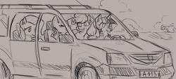 Size: 1077x488 | Tagged: artist needed, safe, imported from derpibooru, applejack, fluttershy, rarity, twilight sparkle, pony, car, dacia, drawthread, driving, sketch