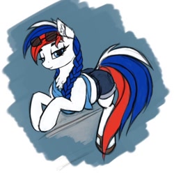Size: 640x635 | Tagged: safe, artist:lightly-san, imported from derpibooru, oc, oc only, oc:marussia, pony, bedroom eyes, blue eyes, braid, clothes, daisy dukes, denim shorts, female, happy, implied tail hole, multicolored mane, multicolored tail, nation ponies, ponified, russia, sandals, shorts, smiling, solo, sunglasses, sunglasses on head, tomboy