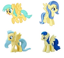 Size: 436x401 | Tagged: safe, imported from derpibooru, sunshower, sunshower raindrops, pegasus, pony, alternate hairstyle, background pony, blind bag, female, flying, mane swap, mare, simple background, toy, white background