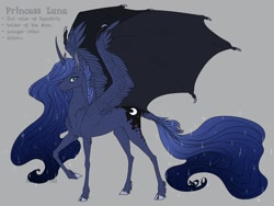 Size: 1280x960 | Tagged: safe, artist:dementra369, imported from derpibooru, princess luna, alicorn, pony, cloven hooves, curved horn, fangs, female, horn, hybrid wings, leonine tail, mare, raised hoof, simple background, solo, spread wings, wings