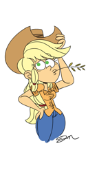 Size: 817x1600 | Tagged: safe, artist:jmdoodle, imported from derpibooru, applejack, human, colored, cowboy hat, food, green eyes, hat, humanized, straw in mouth, wheat