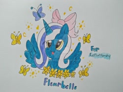 Size: 1280x960 | Tagged: safe, artist:starling88, imported from derpibooru, oc, oc only, oc:fleurbelle, alicorn, butterfly, pony, alicorn oc, bow, female, flower, hair bow, heart, obtrusive watermark, solo, tongue out, traditional art, watermark
