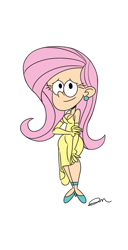 Size: 817x1600 | Tagged: safe, artist:jmdoodle, imported from derpibooru, fluttershy, human, clothes, colored, dress, ear piercing, female, humanized, piercing, solo, style emulation, the loud house