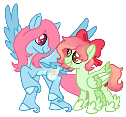 Size: 791x734 | Tagged: safe, artist:sandwichbuns, imported from derpibooru, oc, oc only, oc:gale wings, oc:ladybird, pegasus, pony, bow, female, hair bow, magical lesbian spawn, mare, offspring, parent:fluttershy, parent:rainbow dash, parents:flutterdash, simple background, sisters, tail bow, transparent background