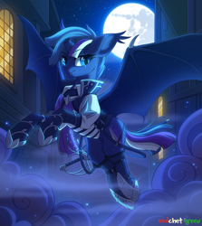 Size: 1300x1456 | Tagged: safe, artist:redchetgreen, imported from derpibooru, oc, oc only, oc:midnight hope, alicorn, bat pony, bat pony alicorn, pony, armor, backlighting, bat pony oc, bat wings, broken horn, clothes, commission, cute, cute little fangs, ear fluff, eye scar, fangs, female, flying, full moon, horn, looking at you, mare, mare in the moon, mist, moon, night, night sky, scar, sky, slit eyes, slit pupils, smiling, solo, spread wings, starry eyes, urban, window, wing claws, wingding eyes, wings, ych result