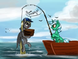 Size: 998x758 | Tagged: safe, artist:ketrindarkdragon, imported from derpibooru, derpy hooves, lyra heartstrings, bird, seagull, clothes, cute, cyrillic, derp, derpabetes, fishing, fishing rod, ocean, russian, translated in the description, uniform, water