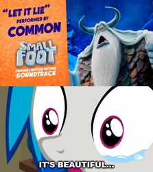 Size: 2003x2245 | Tagged: safe, imported from derpibooru, dj pon-3, vinyl scratch, pony, unicorn, epic wub time, caption, common, crying, eye shimmer, image macro, it's beautiful, let it lie, meme, smallfoot, stonekeeper, tears of joy, text
