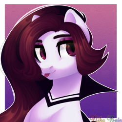 Size: 3000x3000 | Tagged: safe, artist:nika-rain, imported from derpibooru, oc, oc only, earth pony, pony, abstract background, ambiguous gender, brown eyes, brown hair, bust, cape, clothes, commission, cute, cute little fangs, eyeshadow, fangs, lightly watermarked, makeup, partial background, portrait, simple background, solo, tongue out, transparent background, watermark