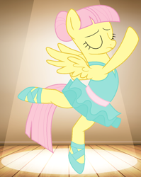 Size: 862x1082 | Tagged: safe, artist:xxcisfriendoxx, imported from derpibooru, fluttershy, pegasus, pony, alternate hairstyle, ballerina, ballet, ballet slippers, clothes, eyes closed, flutterina, on one hoof, on one leg, spotlight, standing, standing on one leg, tutu