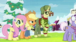 Size: 1280x720 | Tagged: safe, imported from derpibooru, screencap, applejack, flam, fluttershy, pony, best gift ever, clothes, pants